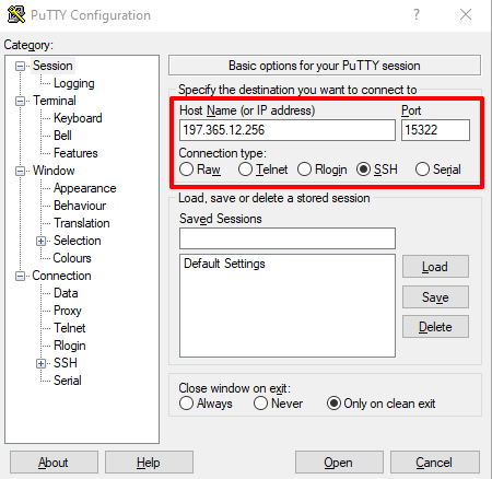 Заполняем поля подключения так как указано в карте портов, жмём кнопку "Open" Заполняем поля подключения так как указано в карте портов, жмём кнопку "Open"